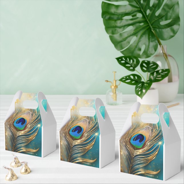 Peacock feather luxurious plume teal white favour box (Multiple)
