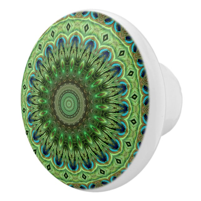 Peacock Feather Mandala Emerald and Blue Symmetry Ceramic Knob (Right)
