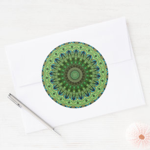 Peacock Feather Mandala Emerald and Blue Symmetry Classic Round Sticker
