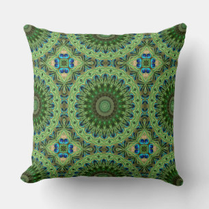 Peacock Feather Mandala Emerald and Blue Symmetry Cushion