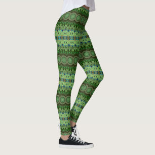 Peacock Feather Mandala Emerald and Blue Symmetry Leggings