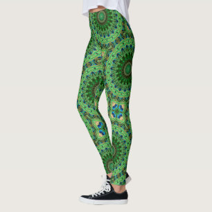 Peacock Feather Mandala Emerald and Blue Symmetry Leggings