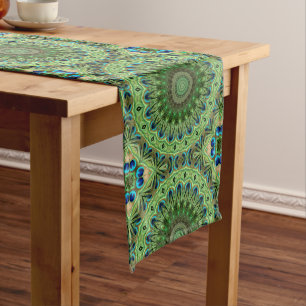 Peacock Feather Mandala Emerald and Blue Symmetry Medium Table Runner