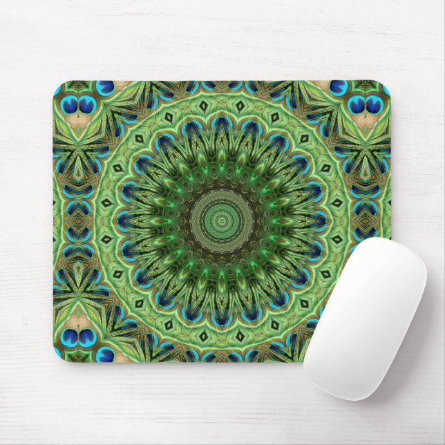 Peacock Feather Mandala Emerald and Blue Symmetry Mouse Mat (With Mouse)
