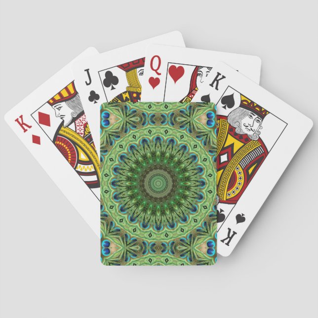 Peacock Feather Mandala Emerald and Blue Symmetry Playing Cards (Back)