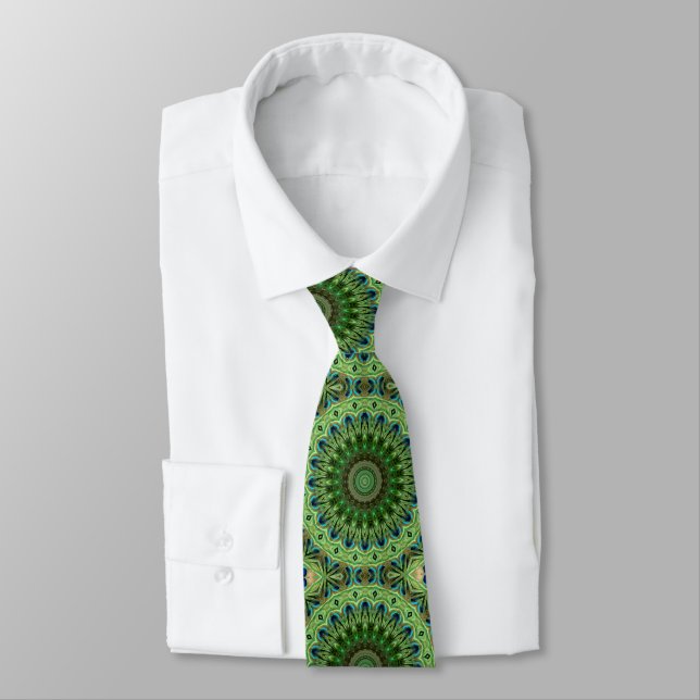 Peacock Feather Mandala Emerald and Blue Symmetry Tie (Tied)
