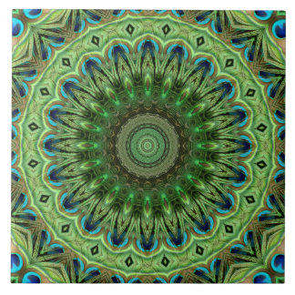 Peacock Feather Mandala Emerald and Blue Symmetry Tile