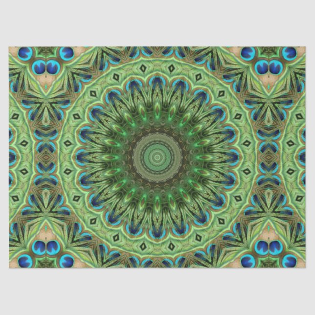 Peacock Feather Mandala Emerald and Blue Symmetry Tissue Paper (Front)