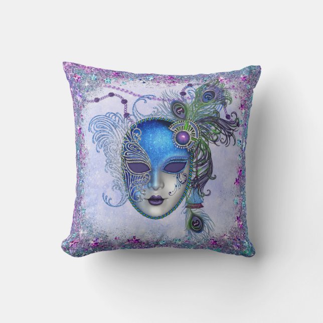 Peacock Feather Masquerade Mask Cushion (Front)