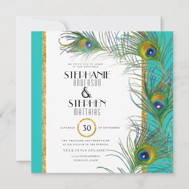 Peacock Feather Modern Art Deco Typography Wedding Invitation (Front)