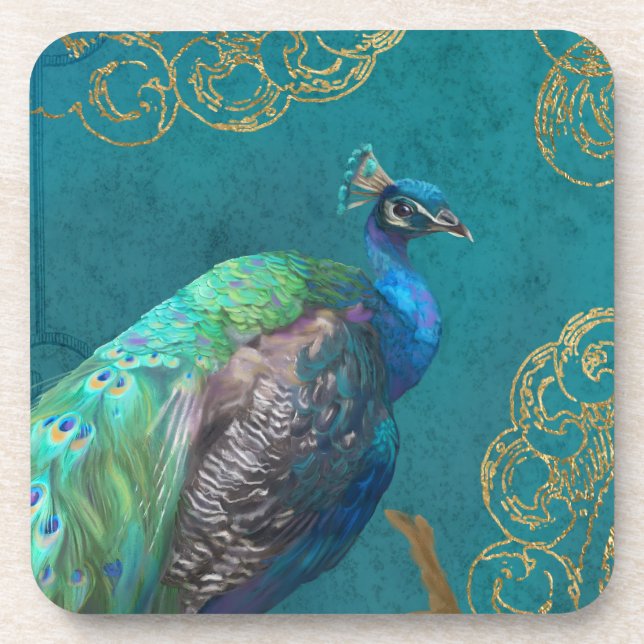 Peacock Feather Modern Elegant Blue w Gold Glitter Coaster (Front)