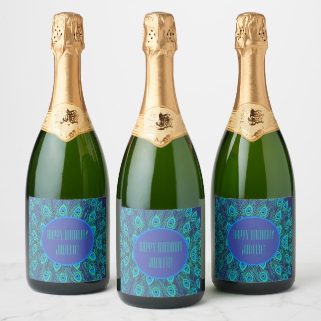 PEACOCK FEATHER MOTIF PATTERN BIRTHDAY BLUE GREEN SPARKLING WINE LABEL (Bottles)