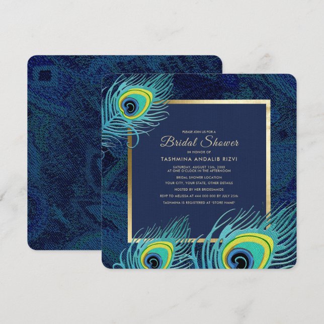 Peacock Feather Navy Blue Gold Bridal Shower Invitation (Front/Back)