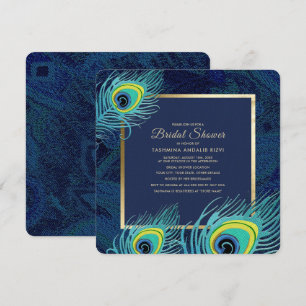 Peacock Feather Navy Blue Gold Bridal Shower Invitation