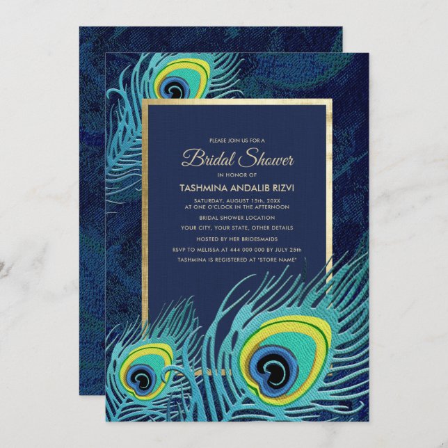 Peacock Feather Navy Blue Gold Bridal Shower Invitation (Front/Back)