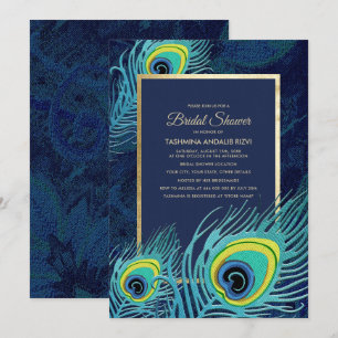 Peacock Feather Navy Blue Gold Bridal Shower Invitation
