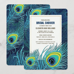 Peacock Feather Navy Blue Gold Bridal Shower Invitation