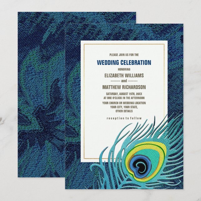 Peacock Feather Navy Blue Gold Wedding  Invitation (Front/Back)