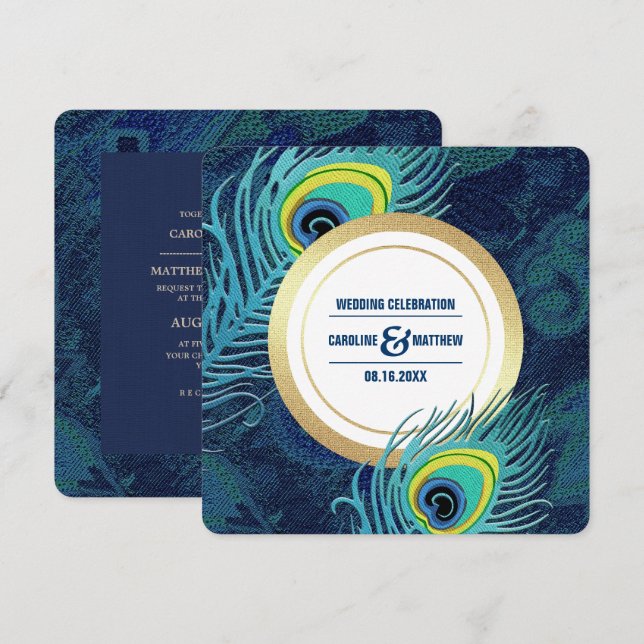 Peacock Feather Navy Blue Gold Wedding Invitation (Front/Back)