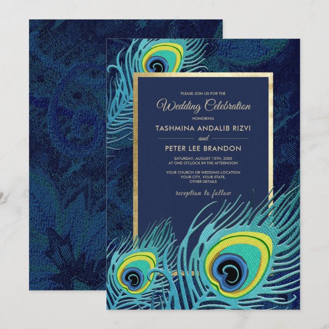 Peacock Feather Navy Blue Gold Wedding Invitation (Front/Back)