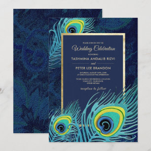 Peacock Feather Navy Blue Gold Wedding Invitation