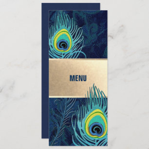 Peacock Feather Navy Blue Gold Wedding Menu Card
