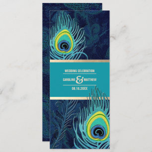 Peacock Feather Navy Blue Turquoise Gold Wedding Invitation