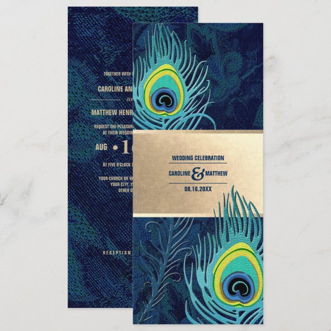 Peacock Feather Navy Blue Turquoise Gold Wedding  Invitation (Front/Back)