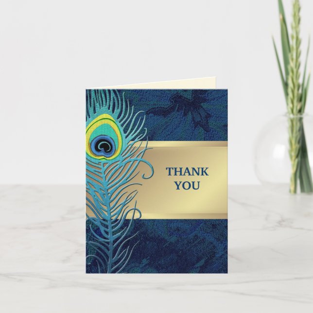 Peacock Feather  Navy Blue Wedding Thank You Card (Front)