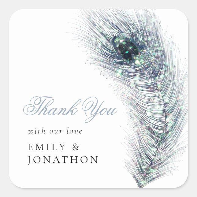 Peacock Feather Newlyweds Names Thank You Wedding Square Sticker (Front)