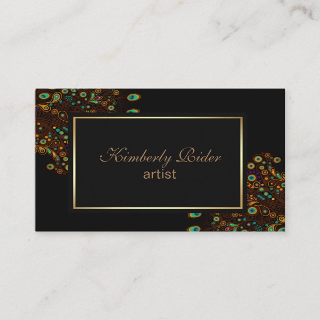 Peacock Feather On Black Background Business Card (Front)