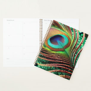 Peacock Feather on Green Glitter Planner
