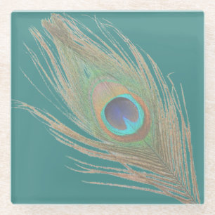 Peacock Feather on Teal Glass Coaster