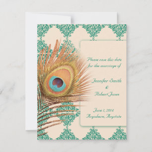Peacock Feather on Teal Moroccan Tile Save The Date