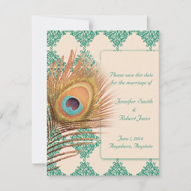 Peacock Feather on Teal Moroccan Tile Save The Date (Front)
