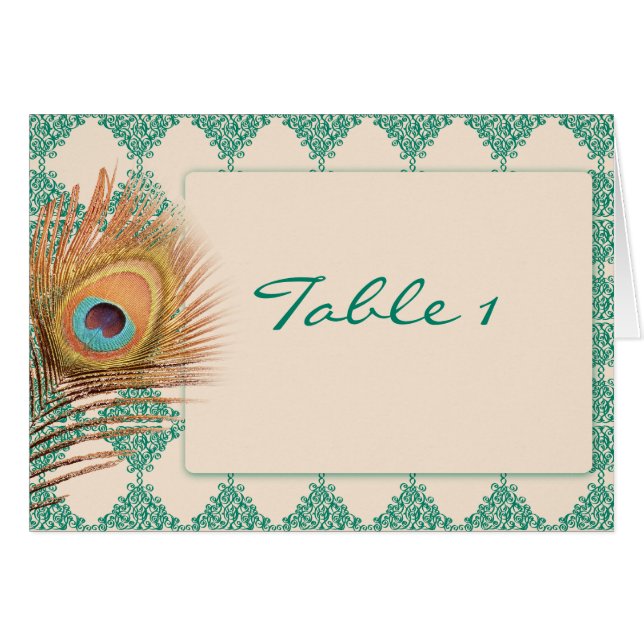 Peacock Feather on Teal Moroccan Tile Table Number (Front Horizontal)