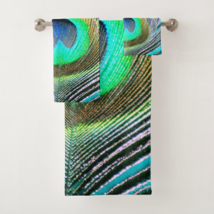 Peacock Feather on Turquoise Bath Towel Set