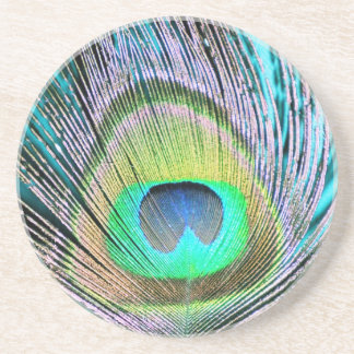 Peacock Feather on Turquoise Coaster