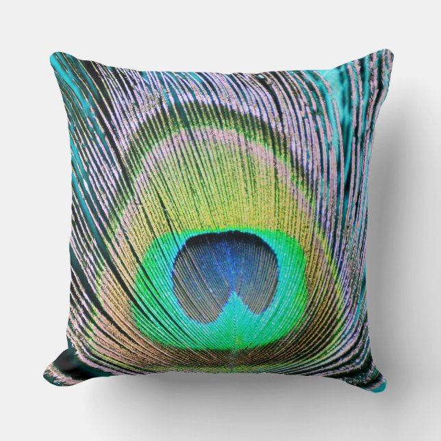 Peacock Feather on Turquoise Cushion (Front)