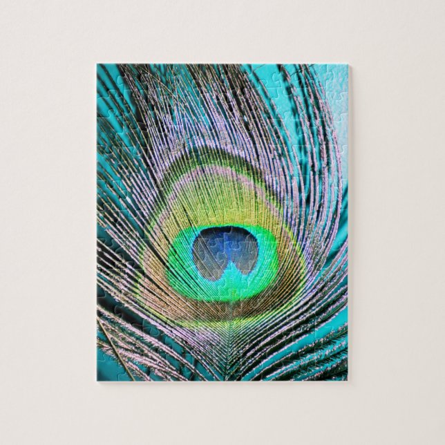 Peacock Feather on Turquoise Jigsaw Puzzle (Vertical)