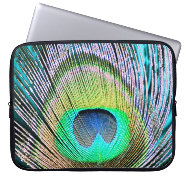 Peacock Feather on Turquoise Laptop Sleeve (Front)