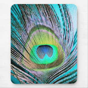 Peacock Feather on Turquoise Mouse Mat