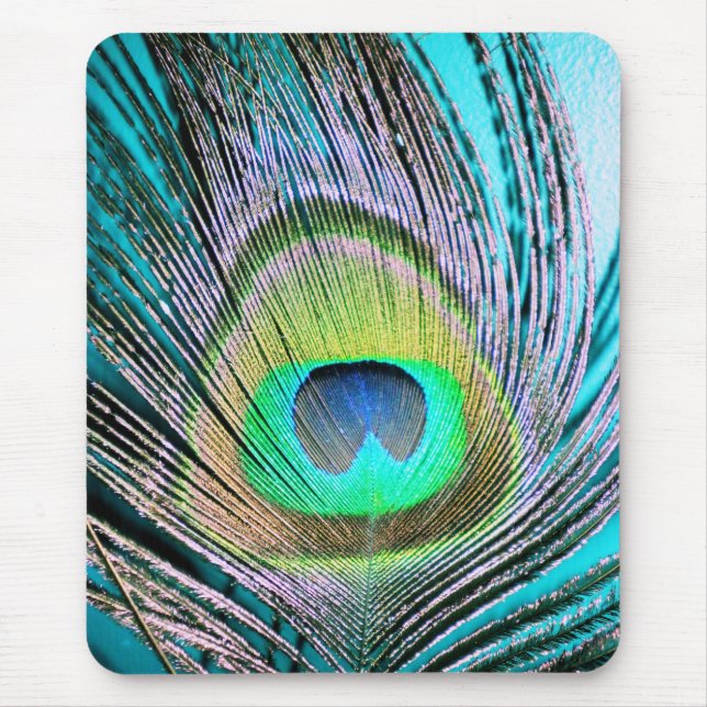 Peacock Feather on Turquoise Mouse Mat (Front)