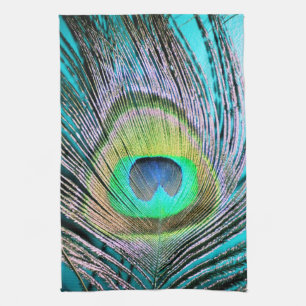 Peacock Feather on Turquoise Tea Towel