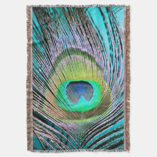 Peacock Feather on Turquoise Throw Blanket