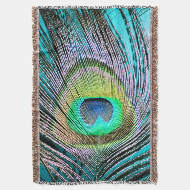 Peacock Feather on Turquoise Throw Blanket (Front Vertical)