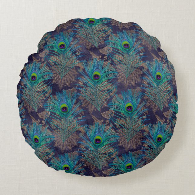 Peacock feather paisley purple teal gold boho thro round cushion (Front)