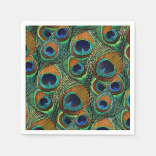 Peacock Feather Paper Napkins - Tan, Blue, Teal