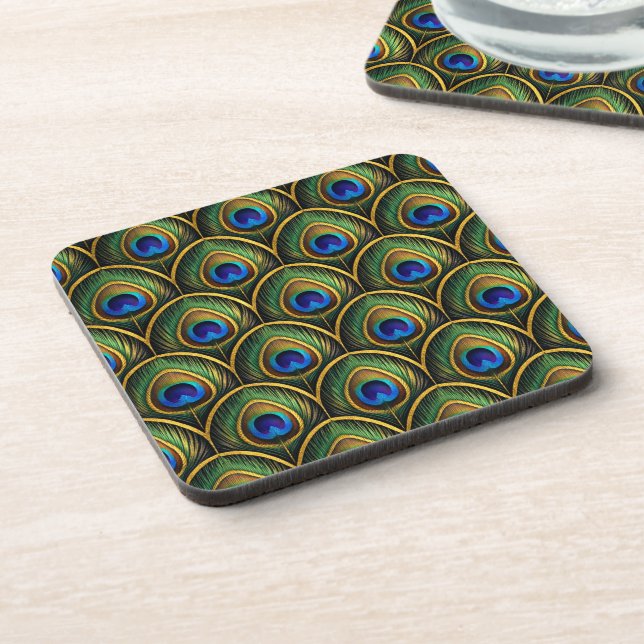 Peacock Feather Pattern Coasters in Jewel Tones (Left Side)
