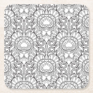 Peacock Feather Pattern Doodle Square Paper Coaster